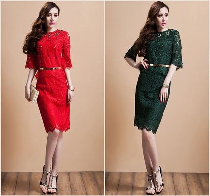 Leher Logam Belt Berlian dua gaun sepotong prom Beaded Lace Skirt, Red / black