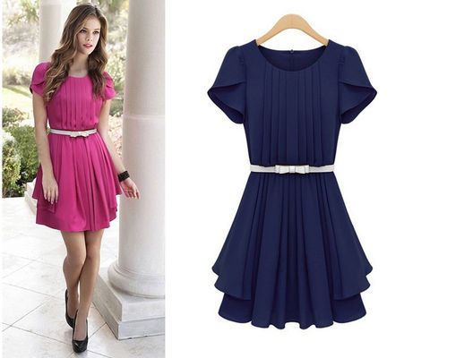 Dewasa Womens Kasual Busana tanpa lengan Musim Panas Dresses Sederhana Dengan Belt