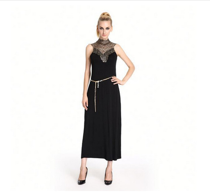Lace Ruffle Neck tanpa lengan Sexy Womens Cocktail Dresses Ankle Panjang