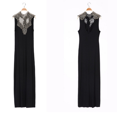 Lace Ruffle Neck tanpa lengan Sexy Womens Cocktail Dresses Ankle Panjang