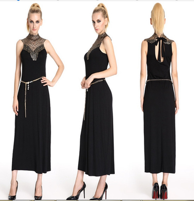 Lace Ruffle Neck tanpa lengan Sexy Womens Cocktail Dresses Ankle Panjang