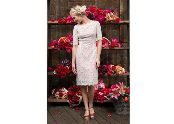 Krim Lace Kasual Womens Dresses Setengah Lengan Dengan Polyester