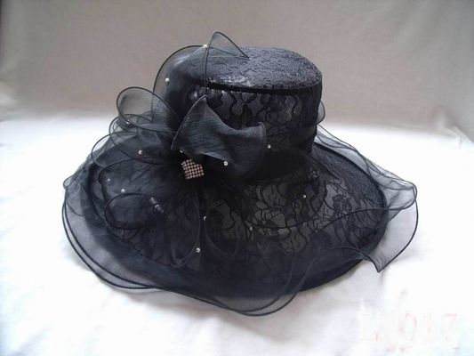 Hitam Wanita Gereja Organza Hat Dengan Lace Fabric, Pearl Buckle Untuk Partai, Acara khusus