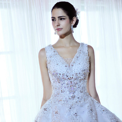 Mewah gaun pengantin Beaded berlian imitasi, wanita tule gaun pengantin bengkak