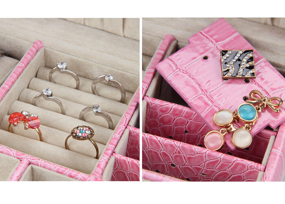 buaya penuh timbul kulit 2 layer kotak perhiasan pink untuk anting-anting, kalung